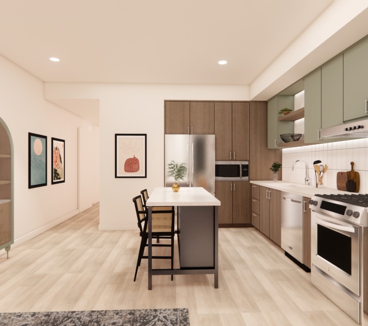 kitchen with ample counter-space, modern appliances and bright lighting