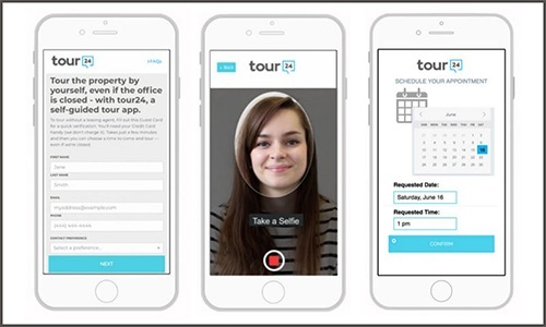 Step 1: Register and Pick a Day Three animated phones displaying the tour24 app showing account creation, selfie, and calendar abilities